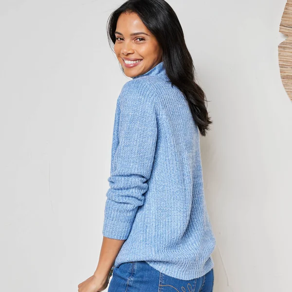 Pull col zippé, maille anglaise, bleu chiné