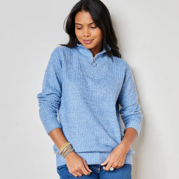 Pull col zippé, maille anglaise, bleu chiné