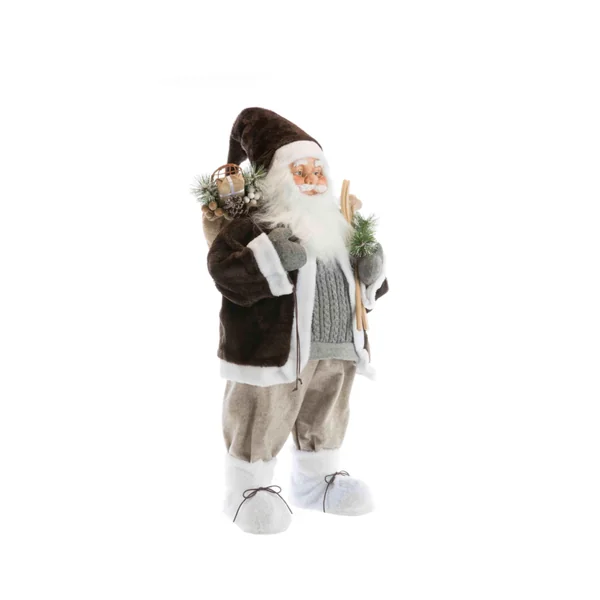 Père Noël en tissu brun/gris avec hotte de cadeaux et skis - 150 cm