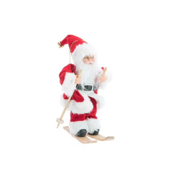 Père Noël traditionnel en tissu rouge et vert sur skis - 18 cm