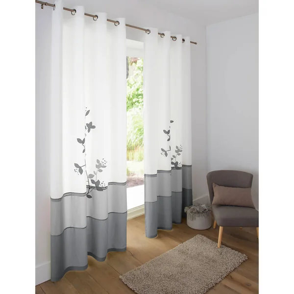 Rideau panneau voile motif orchidée finition oeillets, gris
