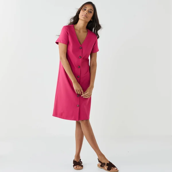 Robe boutonnée en maille milano, framboise