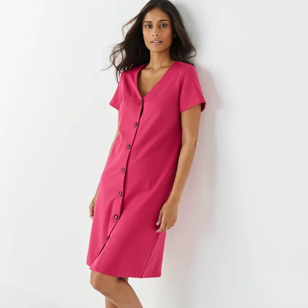 Robe boutonnée en maille milano, framboise