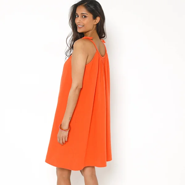Robe bretelles tressées, gaze de coton, orange