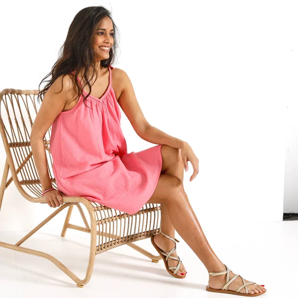 Robe bretelles tressées, gaze de coton, rose