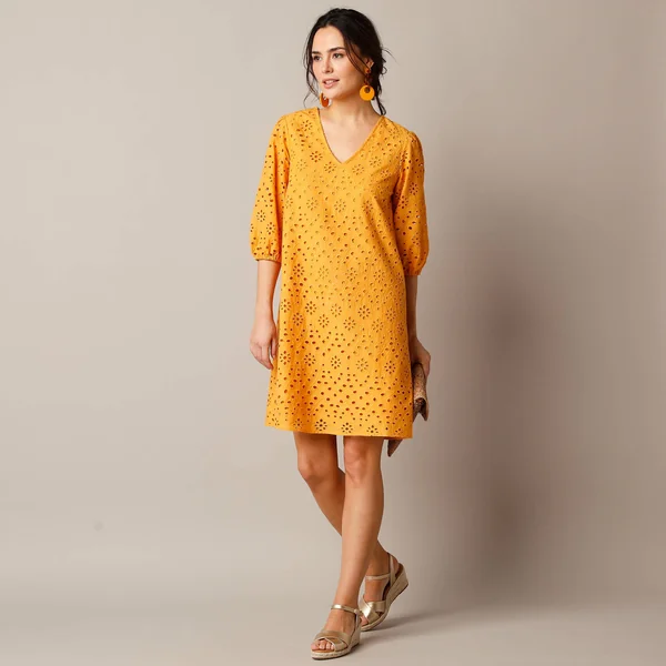 Robe broderie anglaise manches 3/4, safran
