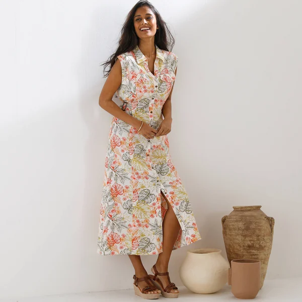 Robe chemisier imprimée, sans manches , écru / kaki