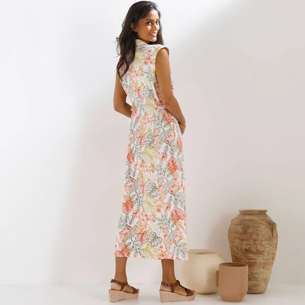 Robe chemisier imprimée, sans manches , écru / kaki