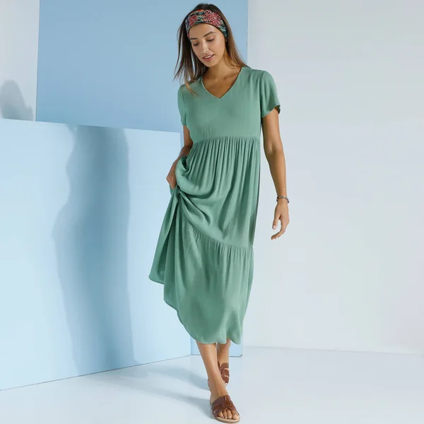 Robe col V longue unie, crépon, kaki clair