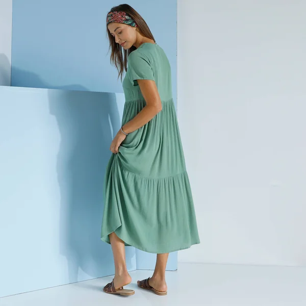 Robe col V longue unie, crépon, kaki clair