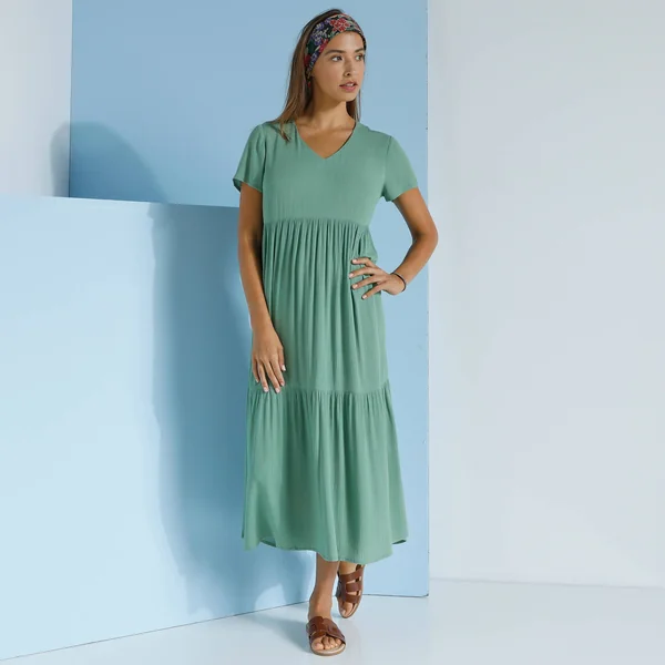 Robe col V longue unie, crépon, kaki clair