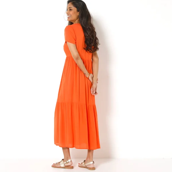 Robe col V longue unie, crépon, orange