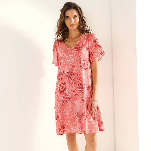 Robe col V manches courtes, voile jacquard imprimé, corail