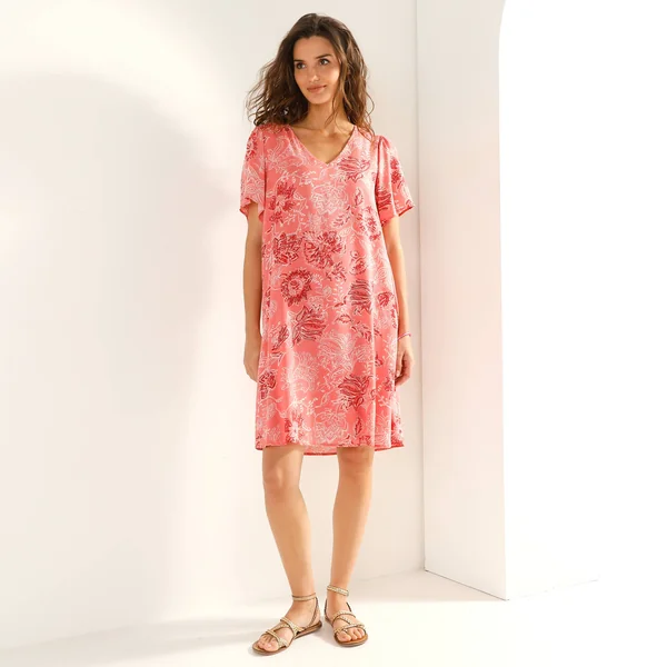 Robe col V manches courtes, voile jacquard imprimé, corail