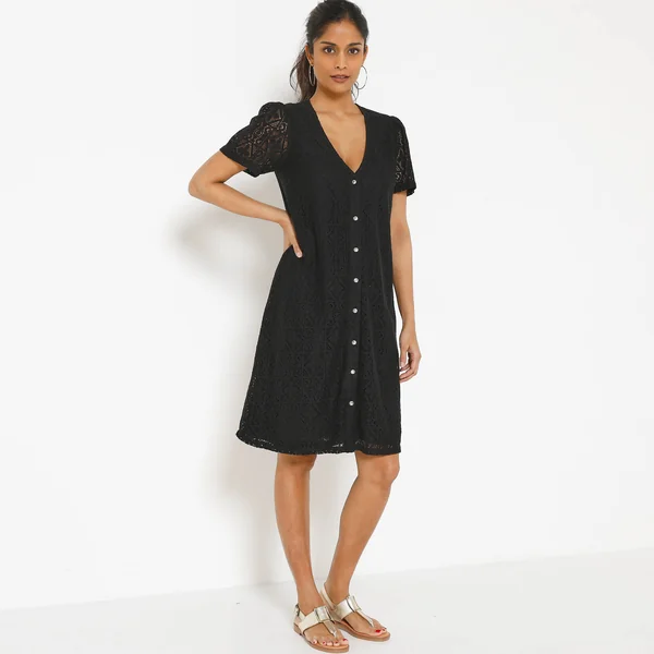 Robe courte boutonnée en dentelle, manches courtes, noir