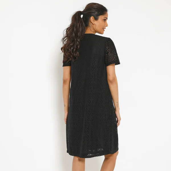 Robe courte boutonnée en dentelle, manches courtes, noir