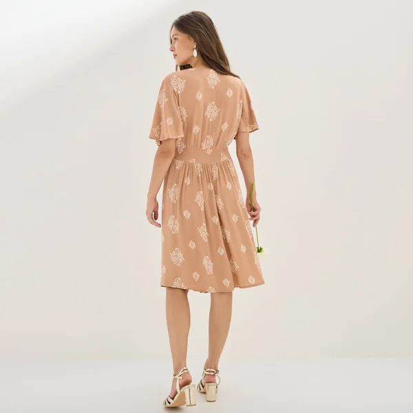 Robe courte cache-coeur imprimée bouquet, caramel