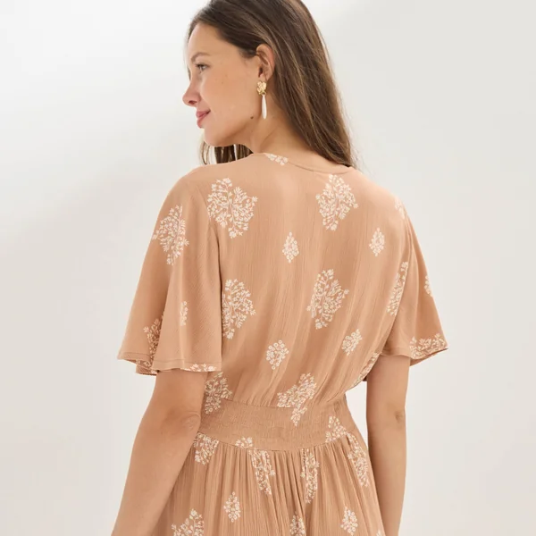 Robe courte cache-coeur imprimée bouquet, caramel