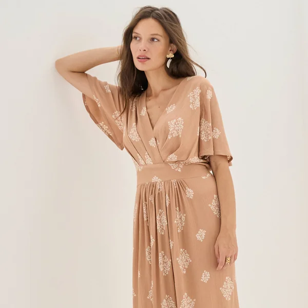 Robe courte cache-coeur imprimée bouquet, caramel