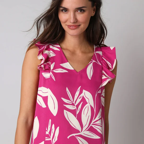 Robe courte col V imprimé feuillage, à mancherons volantés, rose / écru