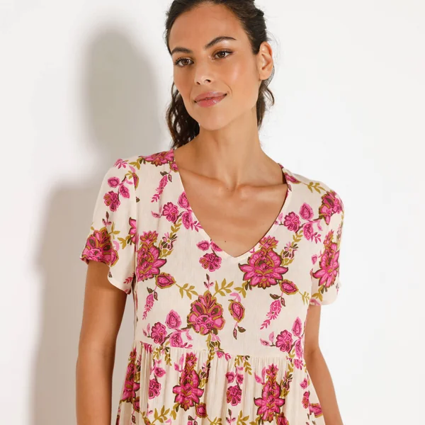 Robe courte col V imprimé fleuri, crépon, écru / rose