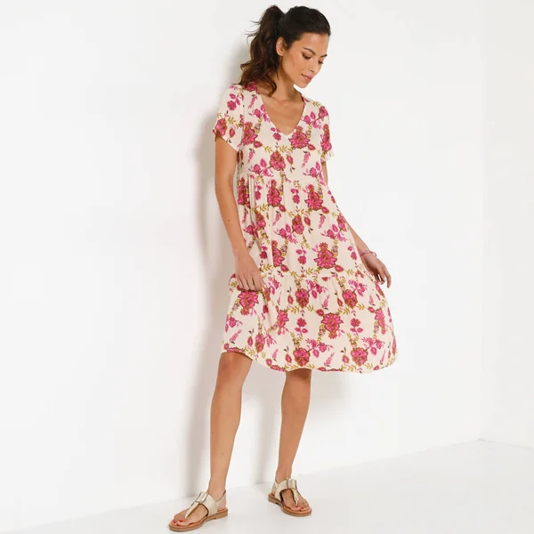 Robe courte col V imprimé fleuri, crépon, écru / rose