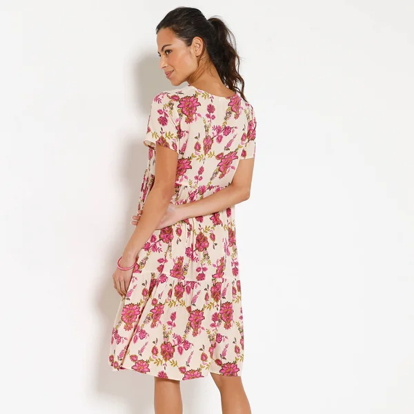 Robe courte col V imprimé fleuri, crépon, écru / rose