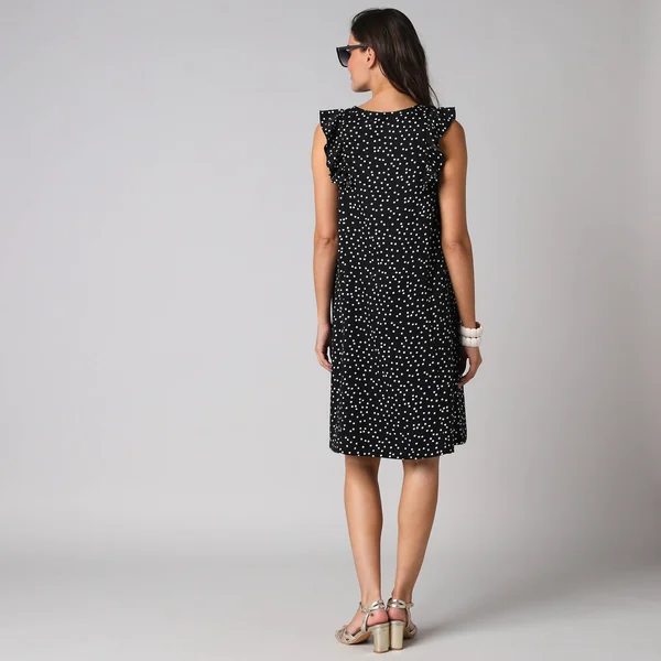 Robe courte col V imprimé pois, à mancherons volantés, noir / écru