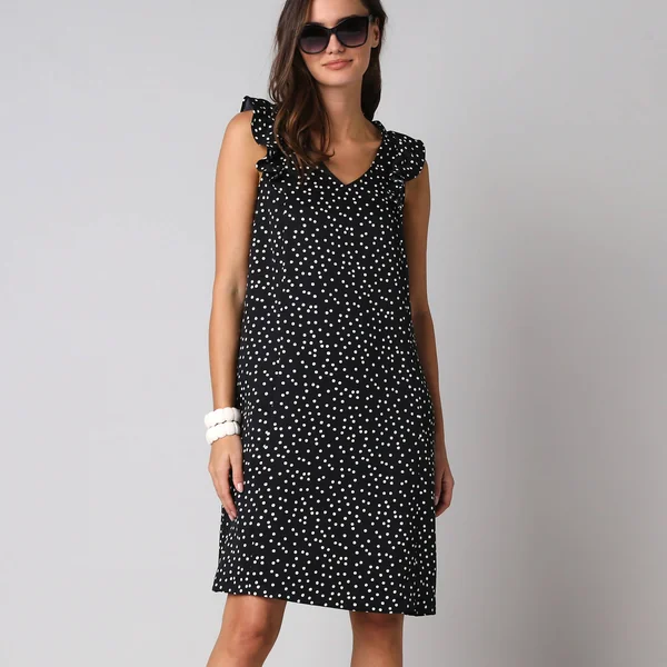 Robe courte col V imprimé pois, à mancherons volantés, noir / écru