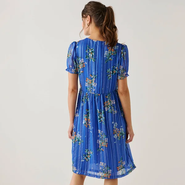 Robe courte imprimé floral, voile fils brillants, bleu / orange