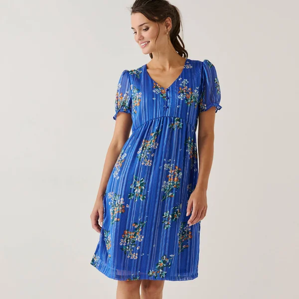 Robe courte imprimé floral, voile fils brillants, bleu / orange