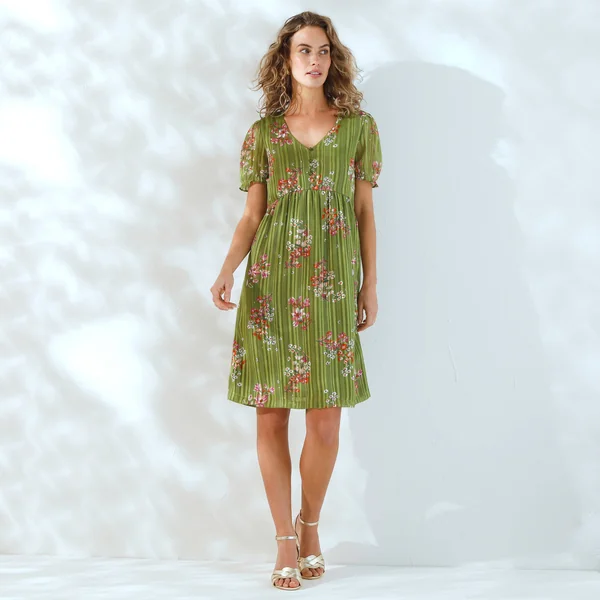 Robe courte imprimé floral, voile fils brillants, kaki / rose