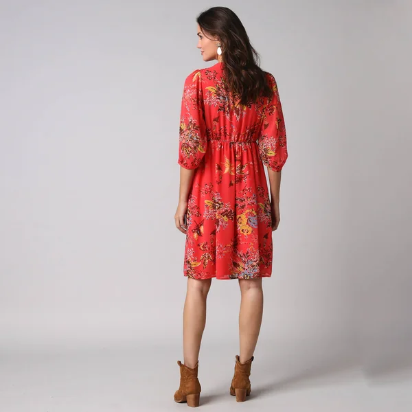 Robe courte volantée à manches 3/4 ballon, voile imprimé fleuri, corail / écru