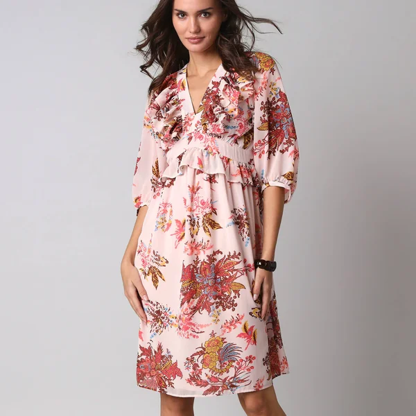 Robe courte volantée à manches 3/4 ballon, voile imprimé fleuri, écru / corail