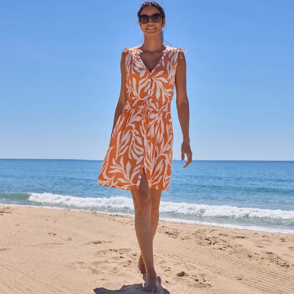 Robe de plage courte, crépon imprimé, abricot