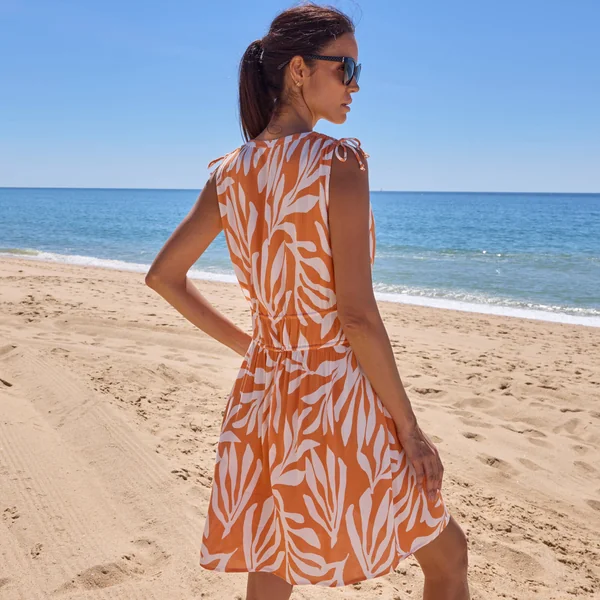 Robe de plage courte, crépon imprimé, abricot