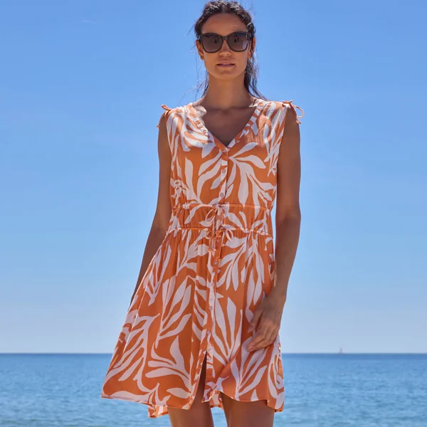Robe de plage courte, crépon imprimé, abricot