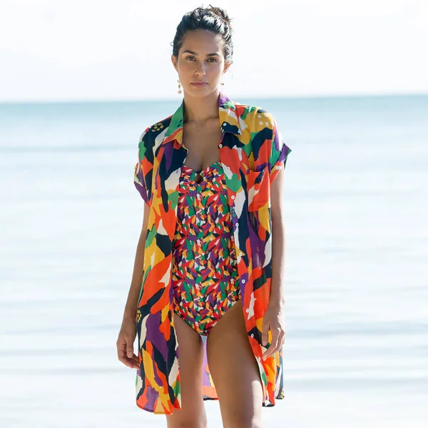Robe de plage imprimée, crépon, multicolore