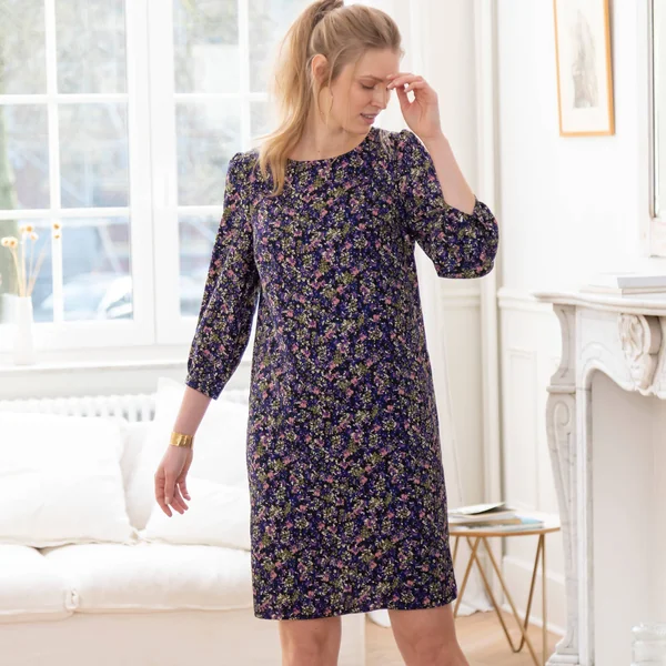 Robe droite manches 7/8ème imprimée, marine / bleu