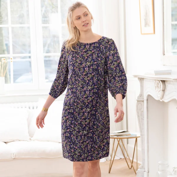Robe droite manches 7/8ème imprimée, marine / bleu