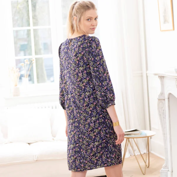 Robe droite manches 7/8ème imprimée, marine / bleu