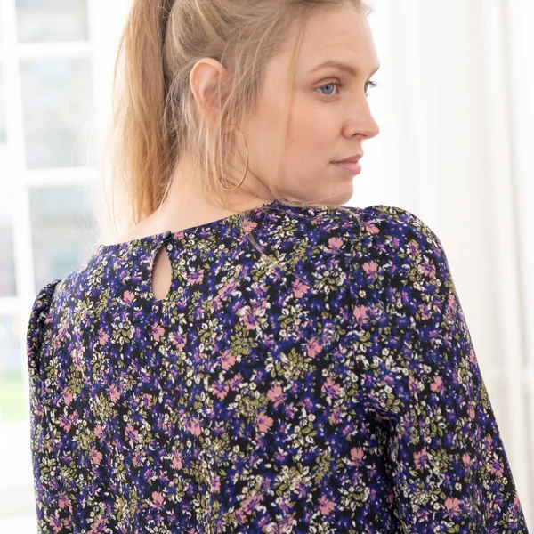 Robe droite manches 7/8ème imprimée, marine / bleu