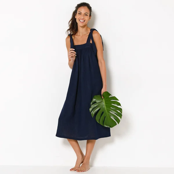 Robe housse à bretelles nouées effet denim, gaze de coton, indigo