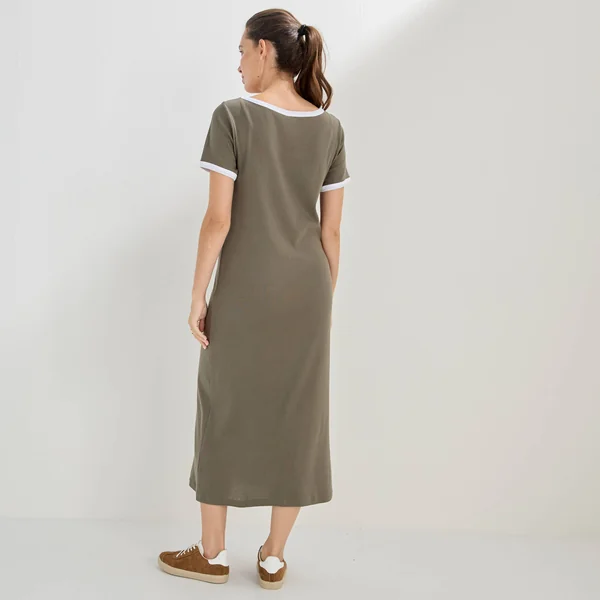 Robe longue bicolore, manches courtes, kaki / blanc