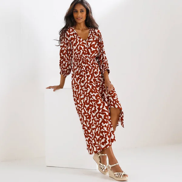 Robe longue boutonnée, crépon, imprimé graphique, terracotta / écru