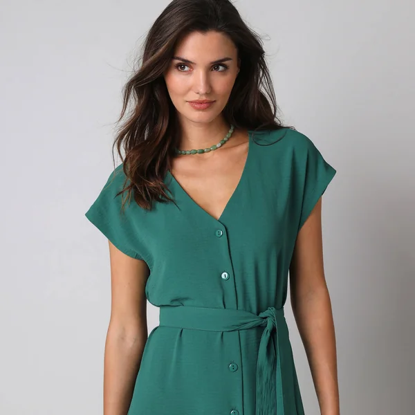 Robe longue boutonnée effet froissé naturel, vert