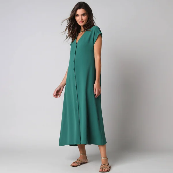 Robe longue boutonnée effet froissé naturel, vert