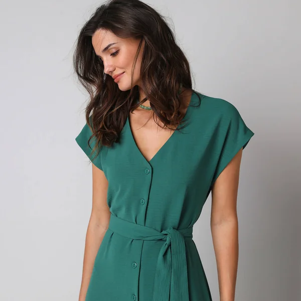 Robe longue boutonnée effet froissé naturel, vert