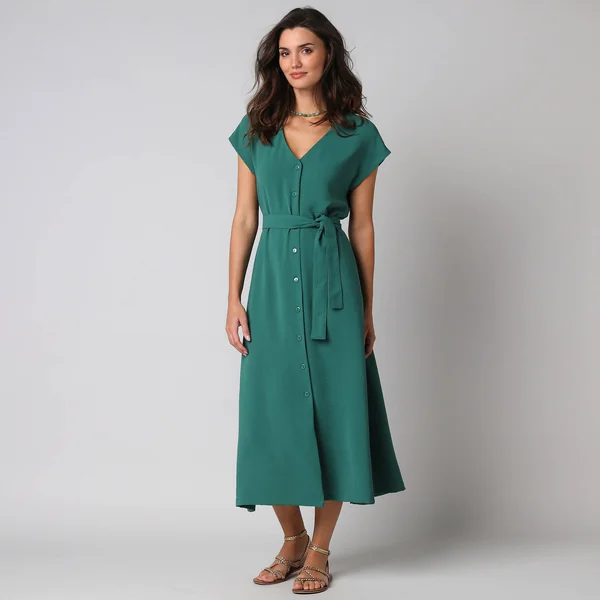 Robe longue boutonnée effet froissé naturel, vert