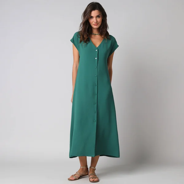 Robe longue boutonnée effet froissé naturel, vert